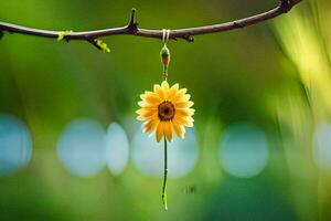ein Gelb Blume hängend von ein Ast. KI-generiert foto