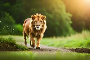 ein Löwe Gehen auf ein Pfad im das Gras. KI-generiert foto