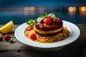 ein Teller mit ein Dessert und Erdbeeren auf Es. KI-generiert foto