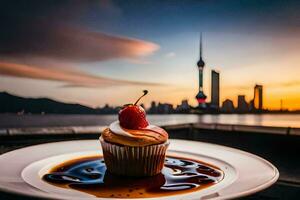 ein Cupcake mit ein Kirsche auf oben und ein Aussicht von das Stadt Horizont. KI-generiert foto