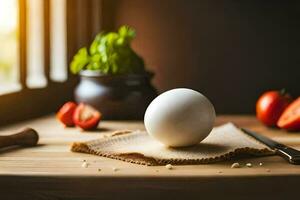 ein Ei Sitzung auf ein hölzern Tabelle mit Tomaten und ein Messer. KI-generiert foto