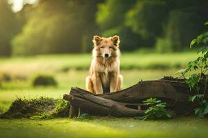 ein Hund Sitzung auf ein Log im das Mitte von ein Feld. KI-generiert foto