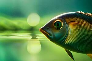 ein Fisch mit groß Augen und ein Grün Hintergrund. KI-generiert foto