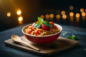 ein Schüssel von Pasta mit Erdbeeren und Basilikum Blätter. KI-generiert foto