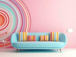 Pastell- Mehrfarbig beschwingt groovig retro gestreift Hintergrund Mauer Rahmen mit hell Sofa Innere Zuhause Design generativ ai foto