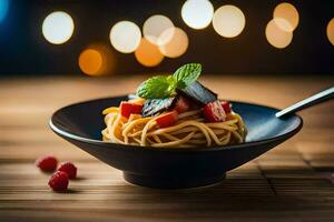 ein Schüssel von Spaghetti mit Tomaten und Himbeeren. KI-generiert foto