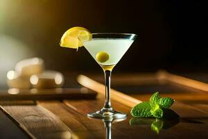 ein Martini mit ein Zitrone Scheibe und Minze. KI-generiert foto