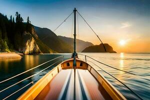 ein Boot Segeln auf das Ozean beim Sonnenuntergang. KI-generiert foto