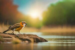 ein Vogel ist Stehen auf ein Felsen durch das Wasser. KI-generiert foto