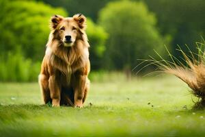 ein Hund Sitzung im das Gras. KI-generiert foto