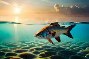 Fisch Schwimmen im das Ozean beim Sonnenuntergang. KI-generiert foto