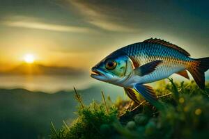 ein Fisch ist Stehen auf oben von ein grasig Hügel mit das Sonne Rahmen hinter Es. KI-generiert foto