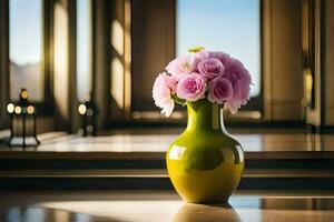 ein Grün Vase mit Rosa Blumen Sitzung auf ein hölzern Boden. KI-generiert foto