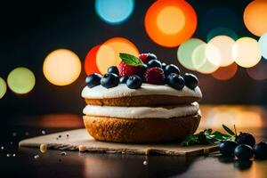 ein Kuchen mit Beeren und Sahne auf ein hölzern Tisch. KI-generiert foto