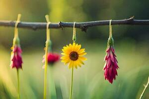 drei Blumen hängend von ein Ast im das Gras. KI-generiert foto