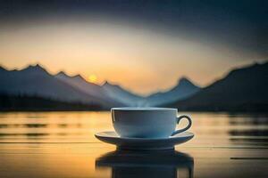 ein Tasse von Kaffee sitzt auf das Kante von ein See mit Berge im das Hintergrund. KI-generiert foto