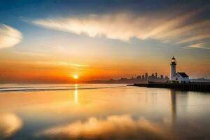 ein Leuchtturm steht im das Wasser beim Sonnenuntergang. KI-generiert foto