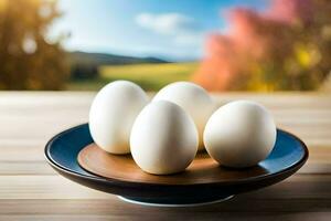 fünf Eier auf ein Teller im Vorderseite von ein Feld. KI-generiert foto