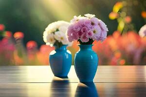 zwei Blau Vasen mit Rosa Blumen auf ein Tisch. KI-generiert foto