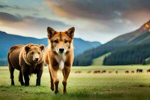 ein braun Hund und ein braun Bär Gehen im das Gras. KI-generiert foto