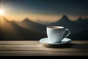 ein Tasse von Kaffee auf ein hölzern Tabelle im Vorderseite von Berge. KI-generiert foto