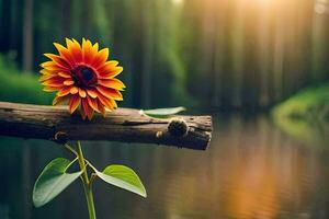 ein Single Sonnenblume ist Sitzung auf ein Ast Über ein Fluss. KI-generiert foto
