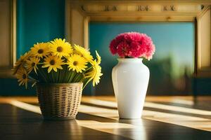 zwei Vasen mit Blumen Sitzung auf ein hölzern Tisch. KI-generiert foto