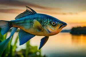 ein Fisch ist schwebend im das Wasser beim Sonnenuntergang. KI-generiert foto