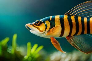 ein gestreift Fisch Schwimmen im das Wasser. KI-generiert foto