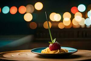 ein Teller mit Spaghetti und ein Erdbeere auf Es. KI-generiert foto