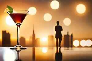 ein Cocktail Glas mit ein Mann im Silhouette. KI-generiert foto