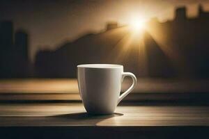 Kaffee Tasse auf das Tisch, das Stadt, das Sonne, Licht, hd Hintergrund. KI-generiert foto