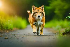 ein Hund Laufen auf ein Straße im das Mitte von das Tag. KI-generiert foto