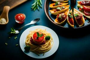 Spaghetti und Fleischklößchen auf ein Teller mit Soße. KI-generiert foto