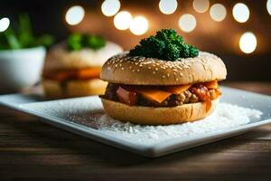 zwei Hamburger auf ein Teller mit Brokkoli. KI-generiert foto