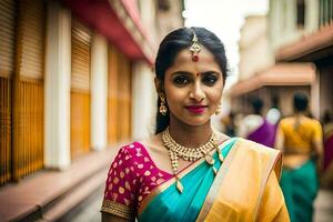 ein schön indisch Frau im ein bunt Sari. KI-generiert foto
