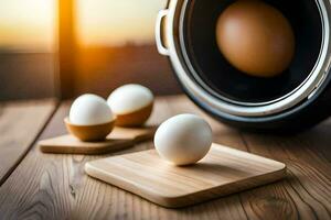 Eier auf ein hölzern Tafel Nächster zu ein Topf Topf. KI-generiert foto