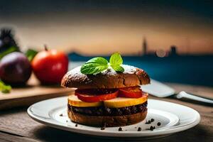 ein Hamburger mit Gemüse und Tomaten auf ein Platte. KI-generiert foto