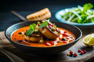 ein Schüssel von Suppe mit Jakobsmuscheln und Gemüse. KI-generiert foto