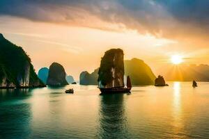 das Sonne setzt Über das Wasser im Halong Bucht, Vietnam. KI-generiert foto