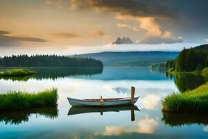 das Boot auf das See, das Berge, das Wolken, das Himmel, das See, Die. KI-generiert foto