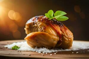 ein Hähnchen Brust mit Kräuter und Salz- auf ein hölzern Tafel. KI-generiert foto