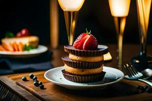 ein Stapel von Schokolade Cupcakes mit Erdbeeren auf oben. KI-generiert foto