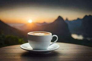 Kaffee Tasse auf das Tabelle mit Berge im das Hintergrund. KI-generiert foto