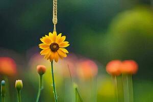 ein Gelb Blume hängend von ein Kette im Vorderseite von ein Feld von Blumen. KI-generiert foto