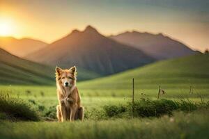 ein Hund Sitzung im das Gras beim Sonnenuntergang. KI-generiert foto