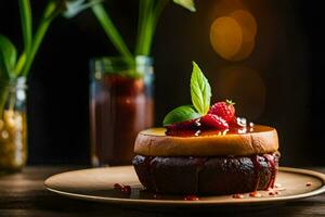 ein Dessert mit Erdbeeren und Schokolade auf ein Platte. KI-generiert foto