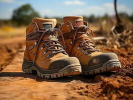 ein Nahansicht von ein Wanderer abgenutzt Stiefel auf ein staubig Weg generativ ai foto