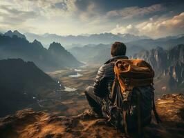 ein Backpacker nehmen ein brechen und genießen das Aussicht von ein Bergspitze generativ ai foto