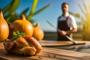 ein Koch ist halten ein Messer und Carving ein Hähnchen auf ein hölzern Tafel. KI-generiert foto